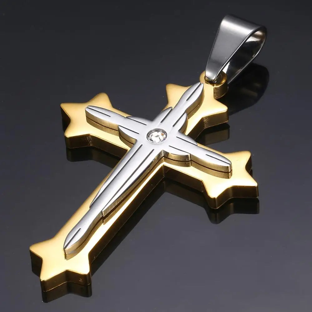 Dropshipping Cross Pendant Necklaces For Men Black Gold Color Silver Color Stainless Steel Charm Chain Male Hip Hop Jewelry KP52