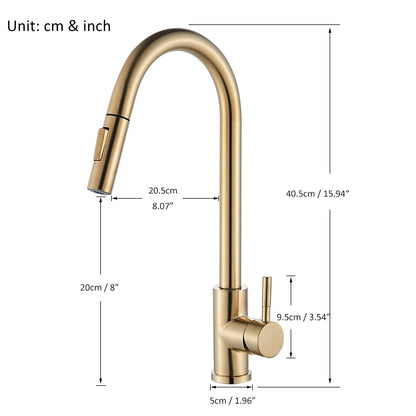 Brushed Gold Kitchen Faucet Pull Out Kitchen Sink Faucet Single Handle Faucet 360° Rotatble  Kitchen Tap  Hot Cold Mixer Crane