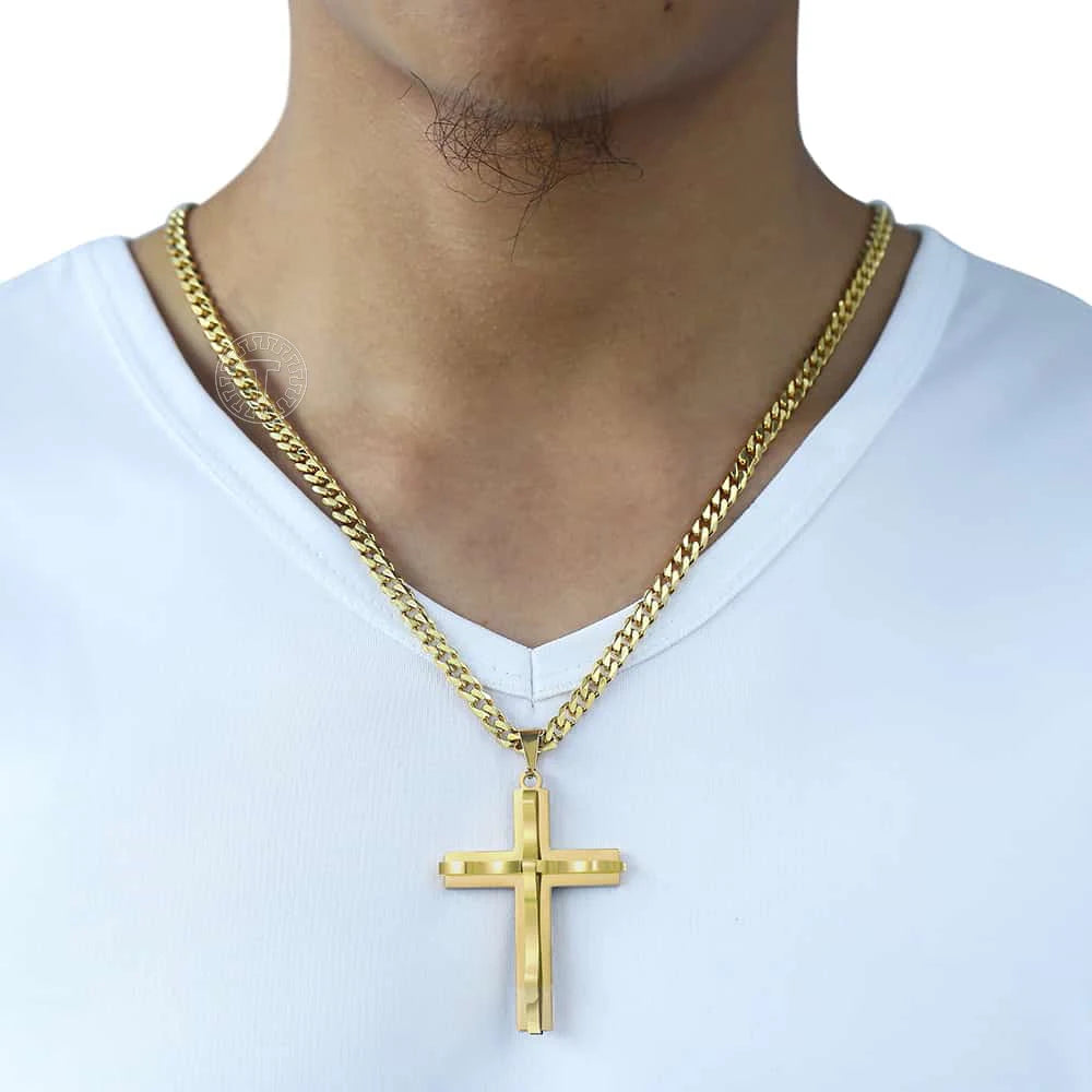 Dropshipping Cross Pendant Necklaces For Men Black Gold Color Silver Color Stainless Steel Charm Chain Male Hip Hop Jewelry KP52