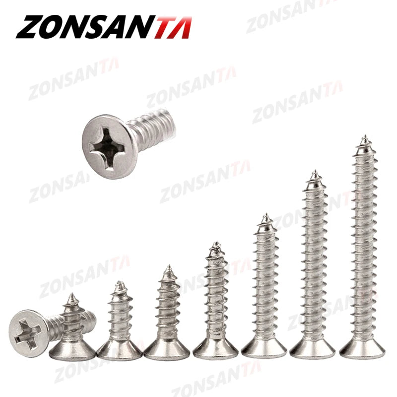 ZONSANTA M1.4 M1.7 M2 M2.3 M2.6 M3 M4 M5 M6 304 Stainless Steel Cross Recessed Countersunk Flat Head Tapping Screws Wood Screw