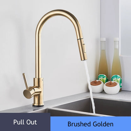 Brushed Gold Kitchen Faucet Pull Out Kitchen Sink Faucet Single Handle Faucet 360° Rotatble  Kitchen Tap  Hot Cold Mixer Crane