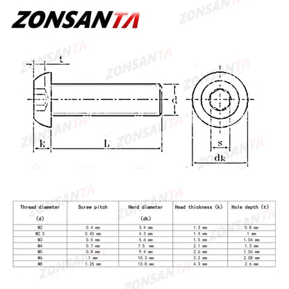ZONSANTA ISO7380 M2 M2.5 M3 M4 M5 M6 304 A2 Round 304 Stainless Steel Screws Hex Socket Button Head Allen Bolt Mechanical Screw