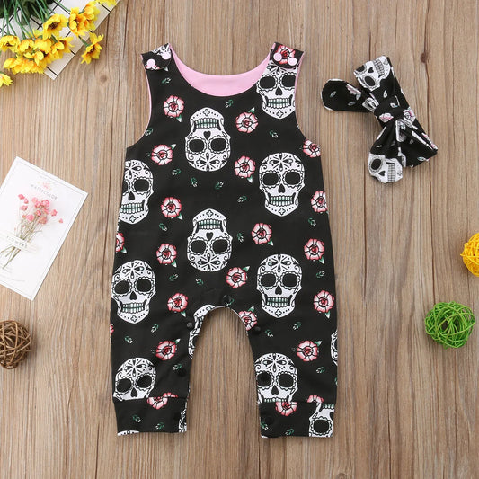 Citgeett Halloween Newborn Skull Floral Baby Boys Girls Romper Sleeveless Jumpsuit Headband Outfits Summer Holiday Clothes