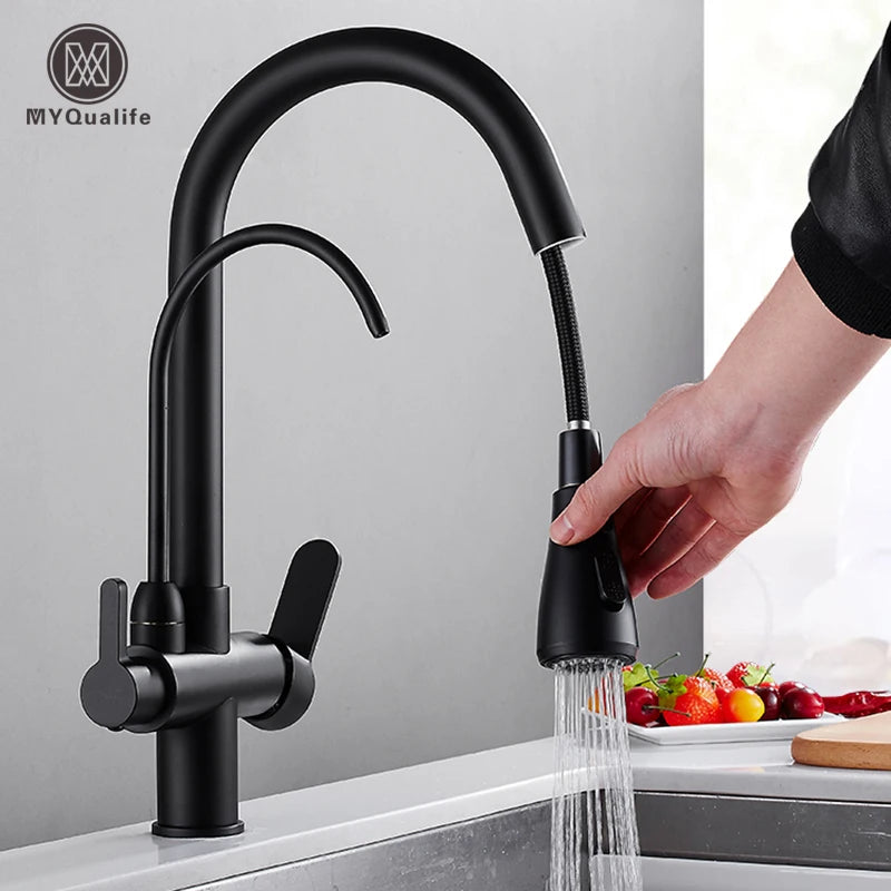Matte Black Pure Water Kitchen Faucet Dual Handle Hot and Cold Drinking Water Pull Out  Kitchen Mixer Taps