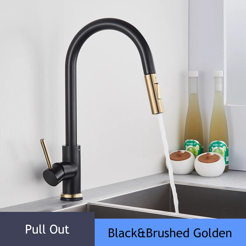 Brushed Gold Kitchen Faucet Pull Out Kitchen Sink Faucet Single Handle Faucet 360° Rotatble  Kitchen Tap  Hot Cold Mixer Crane