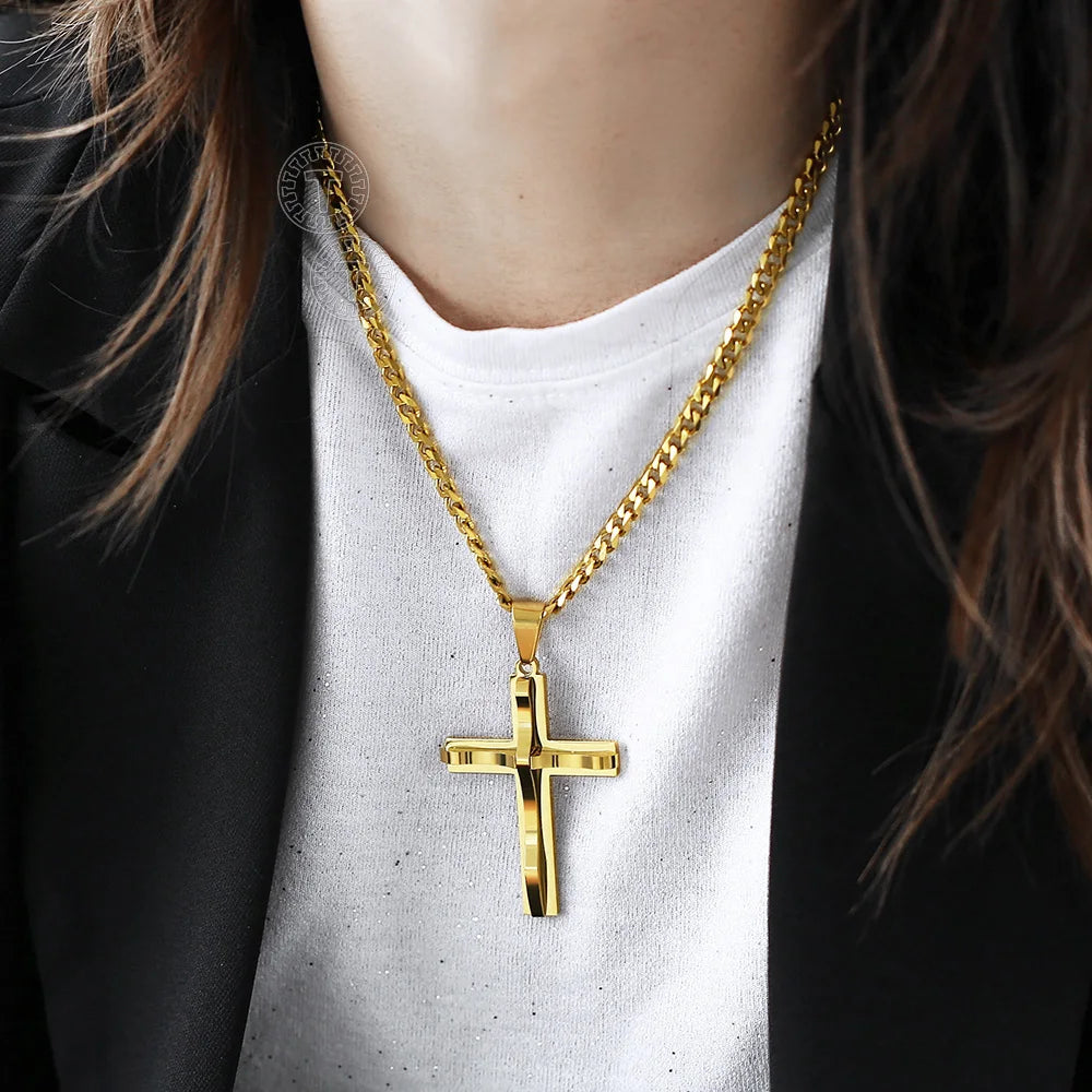 Dropshipping Cross Pendant Necklaces For Men Black Gold Color Silver Color Stainless Steel Charm Chain Male Hip Hop Jewelry KP52