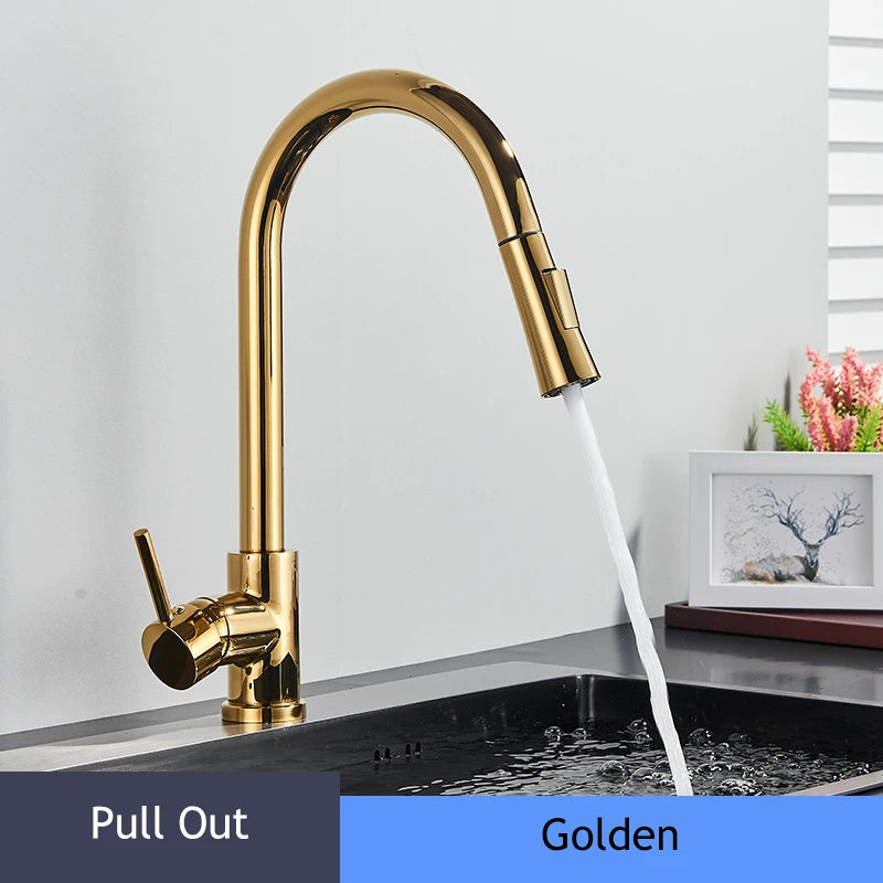 Brushed Gold Kitchen Faucet Pull Out Kitchen Sink Faucet Single Handle Faucet 360° Rotatble  Kitchen Tap  Hot Cold Mixer Crane