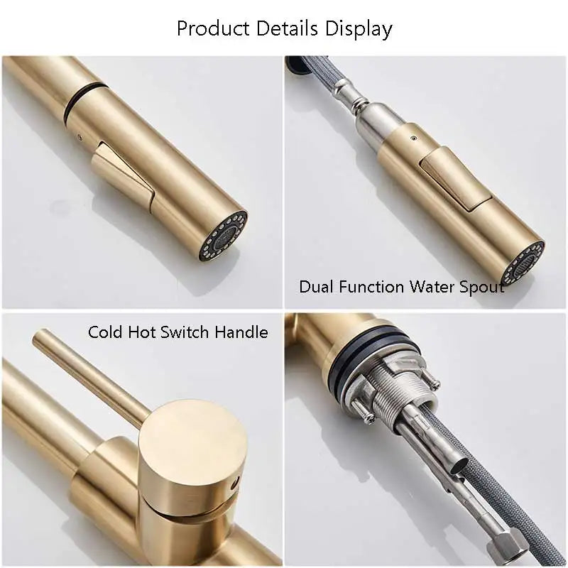 Brushed Gold Kitchen Faucet Pull Out Kitchen Sink Faucet Single Handle Faucet 360° Rotatble  Kitchen Tap  Hot Cold Mixer Crane