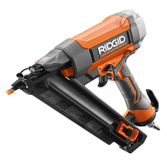 RIDGID  Pneumatic 15-Gauge 2-1/2 in. Angled Finish Nailer with CLEAN DRIVE Technology, Tool Bag, and Sample Nails