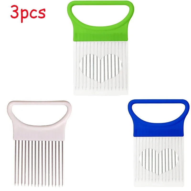 Stainless Steel Onion Cutter Holder Food Slicers Assistant Tomato Onion Slicer Holder Vegetables Cutting Fork Kitchen Gadgets