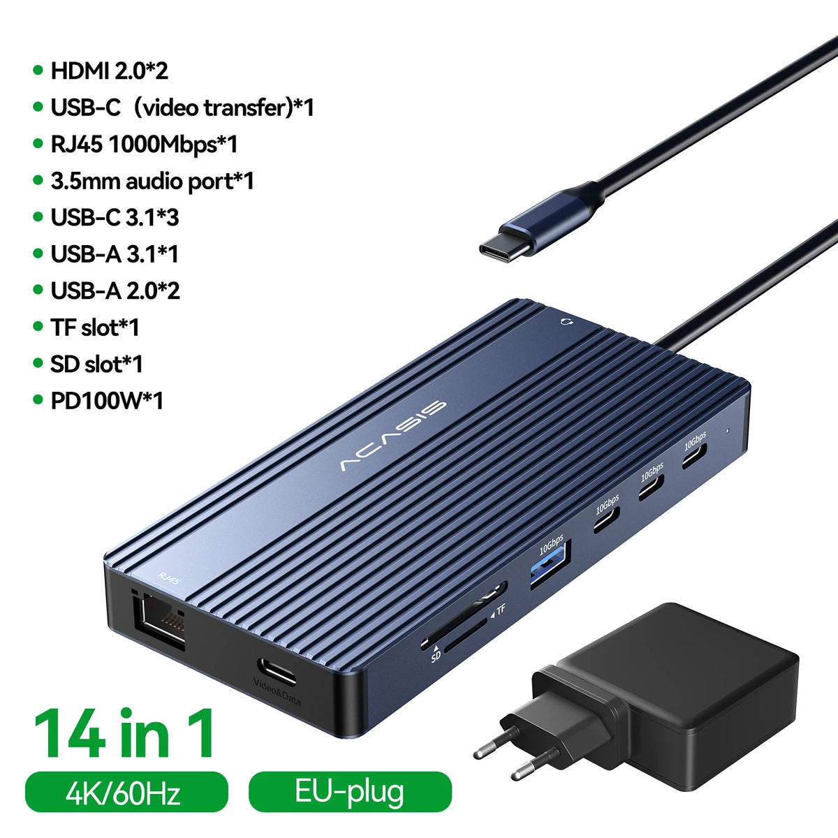 Acasis 14 in 1 USB-C Docking Station Triple Display 4K60Hz HDMI DP PD100W 10Gbps Hub for MacBook Laptop Workstation Setup