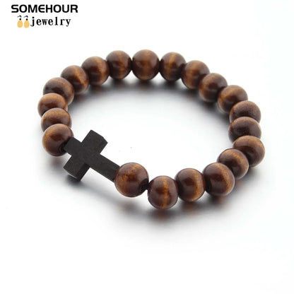 SOMEHOUR Vintage Cross Pendant Necklace Bracelet 45cm Round Wood Beads Chains Rosary Religious Accessories Jewelry For Women Men