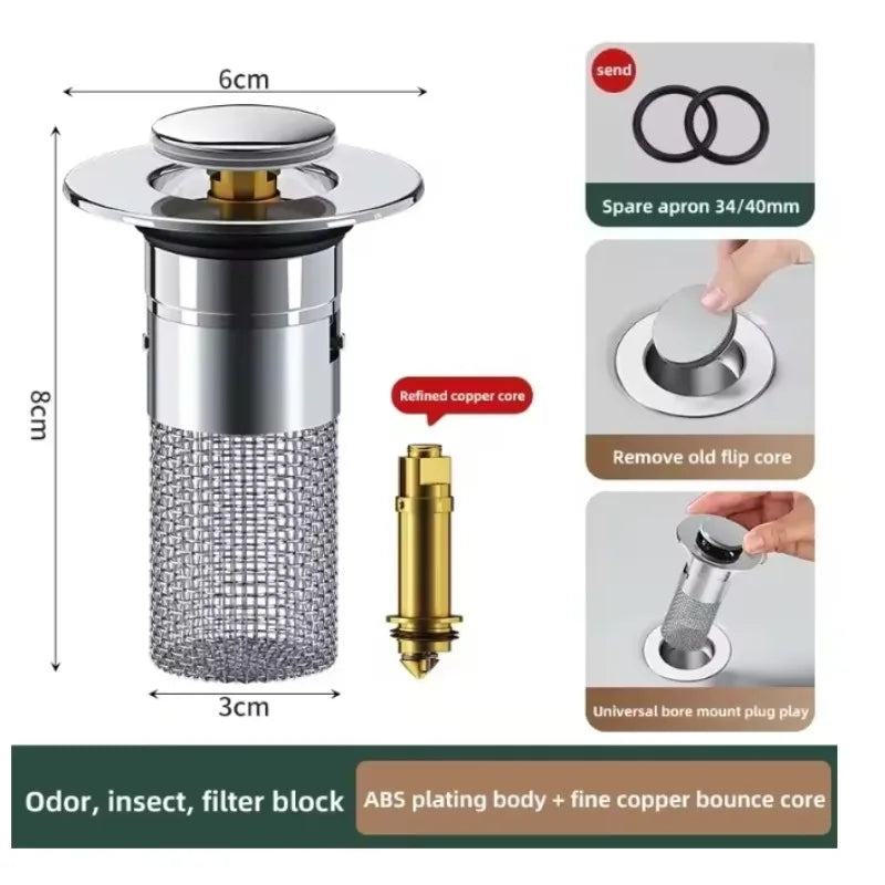 Bathroom Sink Drain Stopper, Pop Up Drain Filter with Removable Filter Basket Hair Catcher