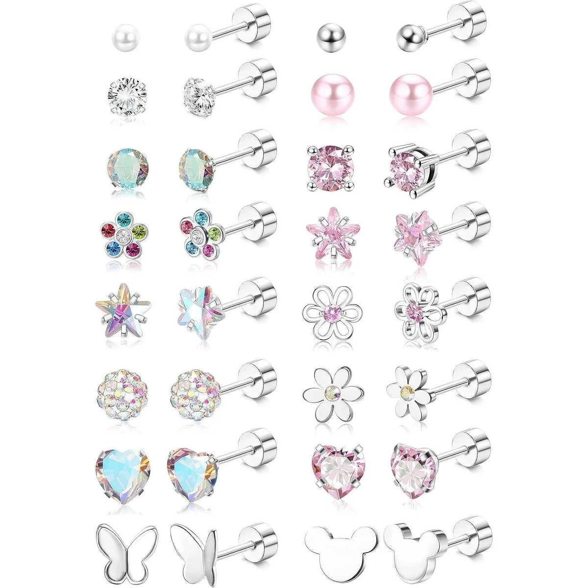 16Pairs 316L Stainless Steel Earrings for Women Hypoallergenic Screw Back CZ Pearl Heart Flower Ctue Stud Earrings Jewelry Gift