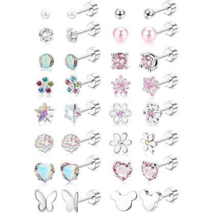 16Pairs 316L Stainless Steel Earrings for Women Hypoallergenic Screw Back CZ Pearl Heart Flower Ctue Stud Earrings Jewelry Gift