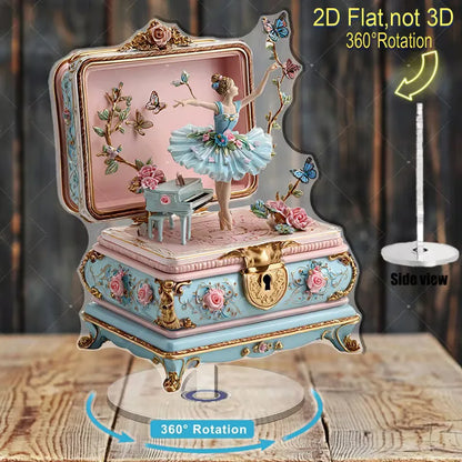 Ballerina Music Box Acrylic Stand 2D Flat 360° Rotation Vintage Ballet Dancer Figure Desk Deco Home Ornament Girls Birthday Gift