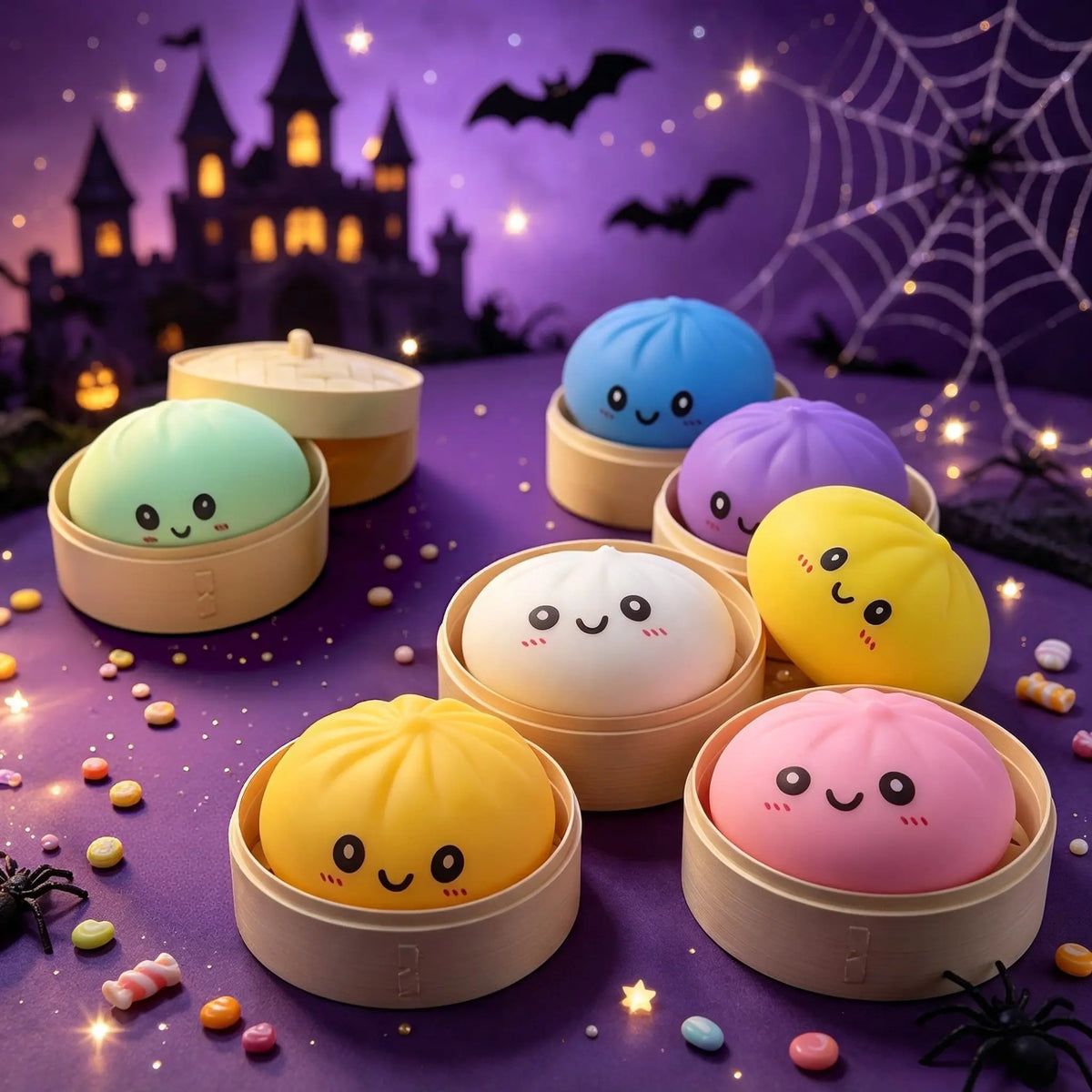 Halloween Bun Set of 18 (6 Buns+6 Steamers+6 Steamer Lids), a portable tabletop travel decompression toy, cute collectibles and trick or treat bag fillers, a great choice for party gifts