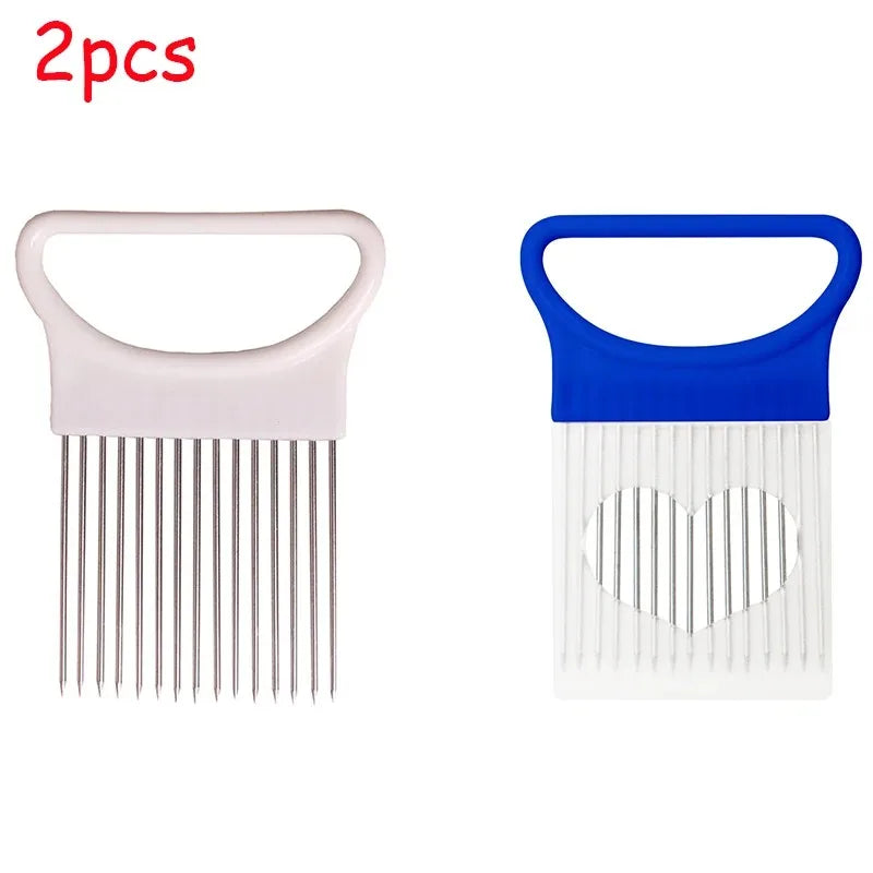 Stainless Steel Onion Cutter Holder Food Slicers Assistant Tomato Onion Slicer Holder Vegetables Cutting Fork Kitchen Gadgets