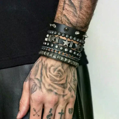 Emo Y2K Indie Grunge Studs Spiked Bracelet Goth Jewelry Accessories for Cool Rocker Skater Biker, 4 Pieces Men Punk Black PU Leather Cuff Bracelets Set
