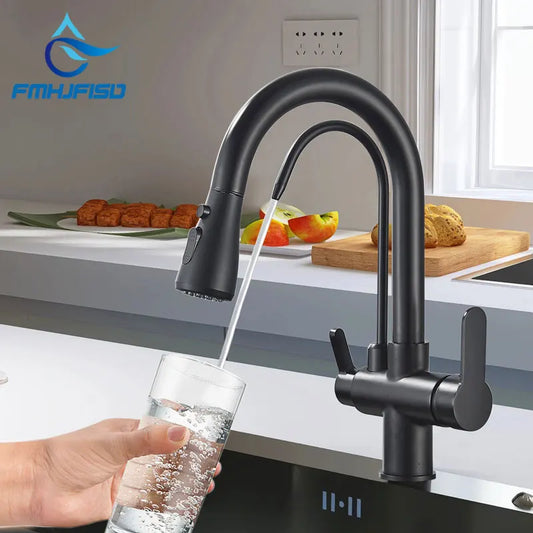 Matte Black Pure Water Kitchen Faucet Dual Handle Hot and Cold Drinking Water Pull Out Kitchen Mixer Taps Deck Mounted Crane