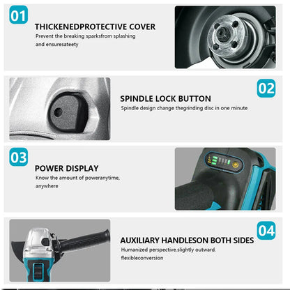 125MM Brushless Electric Angle Grinder Variable Speed M14 Cutting Machine Woodworking Power Tool for Makita 18v Battery