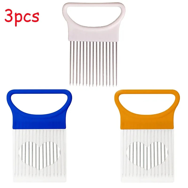 Stainless Steel Onion Cutter Holder Food Slicers Assistant Tomato Onion Slicer Holder Vegetables Cutting Fork Kitchen Gadgets