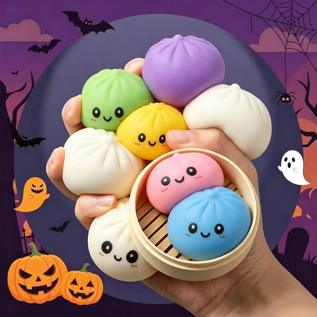 Halloween Bun Set of 18 (6 Buns+6 Steamers+6 Steamer Lids), a portable tabletop travel decompression toy, cute collectibles and trick or treat bag fillers, a great choice for party gifts