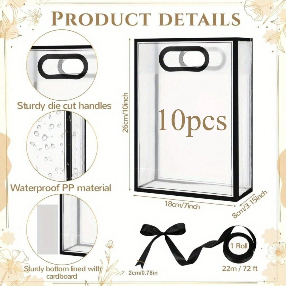 10 Pcs Gift Bags, 1 Roll of Ribbon, Reusable PP Holiday Bag with Ribbon, Suitable for Valentine's Day, Weddings, and Birthdays