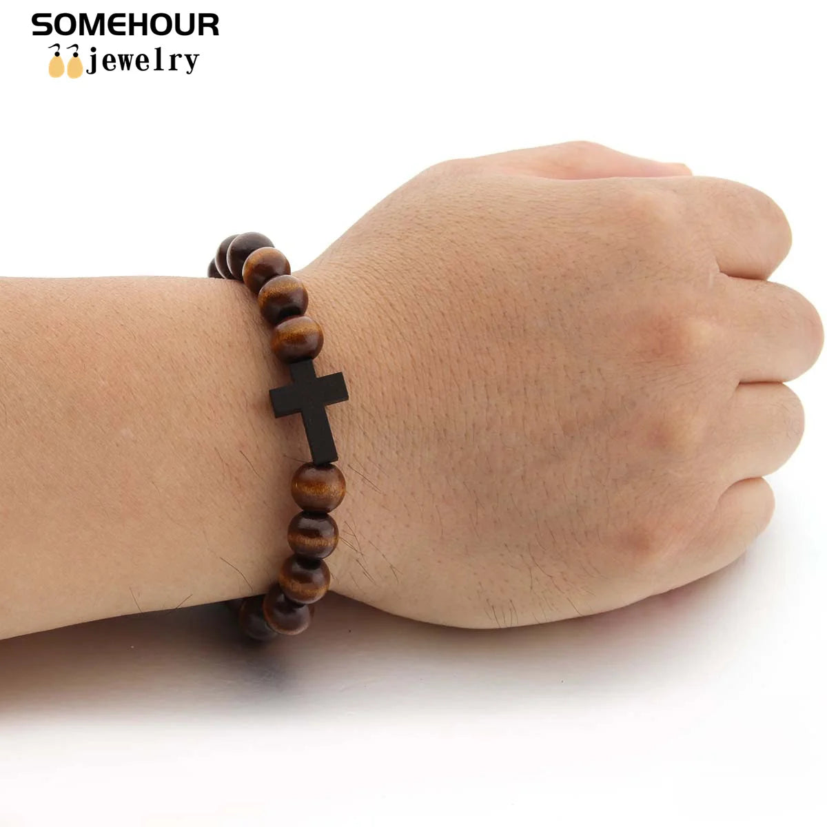 SOMEHOUR Vintage Cross Pendant Necklace Bracelet 45cm Round Wood Beads Chains Rosary Religious Accessories Jewelry For Women Men