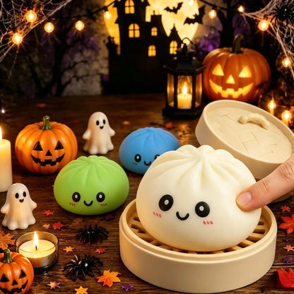 Halloween Bun Set of 18 (6 Buns+6 Steamers+6 Steamer Lids), a portable tabletop travel decompression toy, cute collectibles and trick or treat bag fillers, a great choice for party gifts