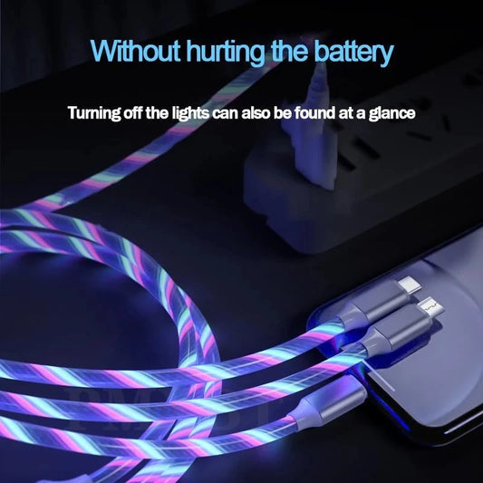 3 in 1 LED Light Glowing Charging Cable 3A Micro USB C Type C Flowing Streamer Type-C Cable for iPhone Xiaomi Huawei