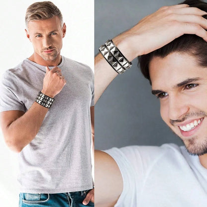 3Pcs/Set Fashion Street Hip Hop Leather Studded Cuff Bracelets Multiple Wristbands Bangle  Acceossries for 80s Punk Rock Concert Outfit