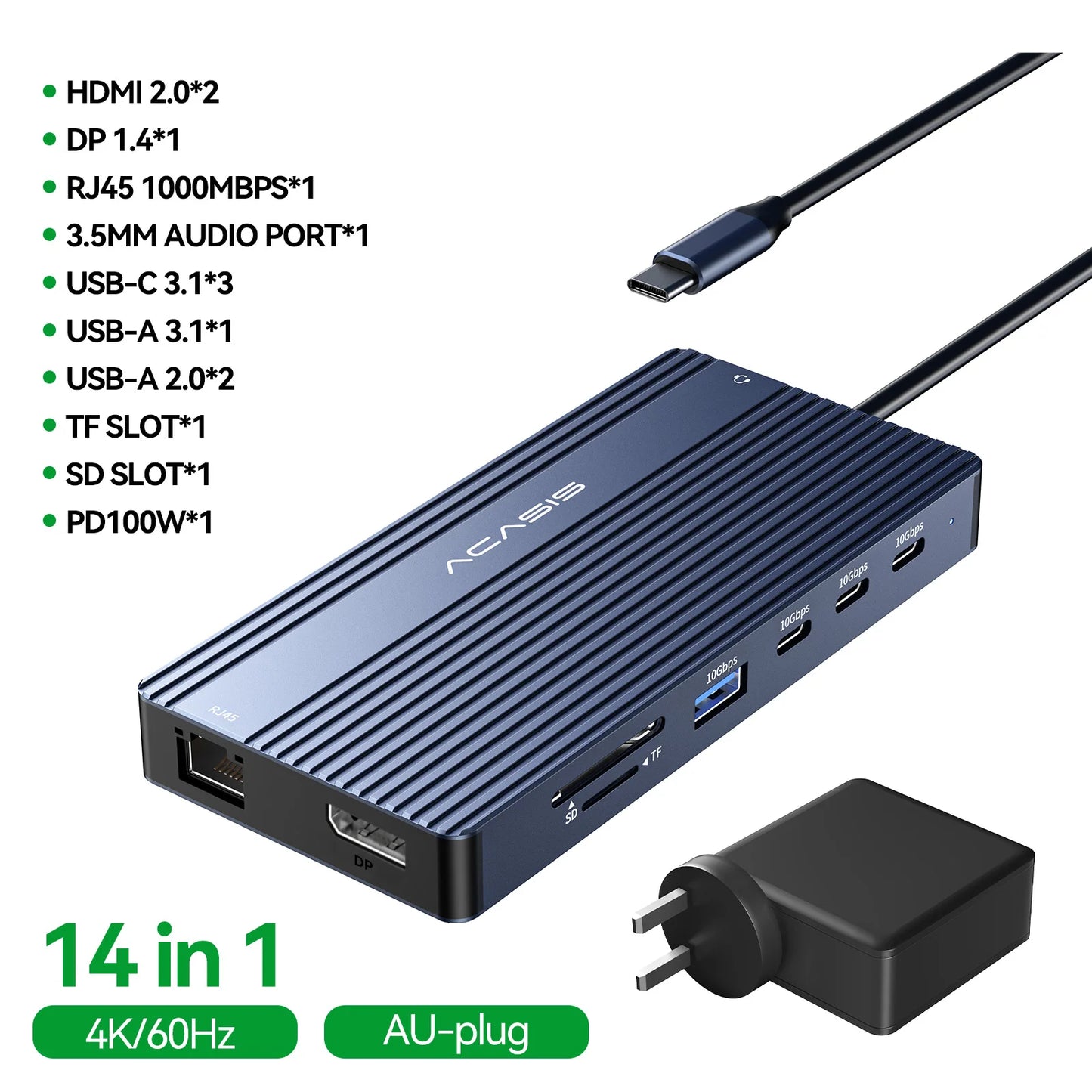 Acasis 14 in 1 USB-C Docking Station Triple Display 4K60Hz HDMI DP PD100W 10Gbps Hub for MacBook Laptop Workstation Setup