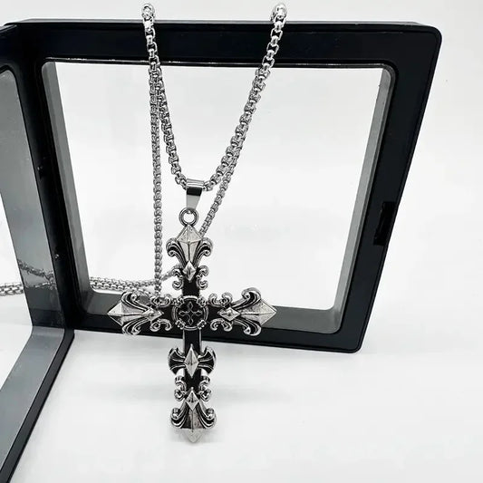 Fashion Metal Chain Necklace Jewelry  for Men Women Unisex Vintage Silver Color Cross Pendant Necklace Punk Gothic Pendant