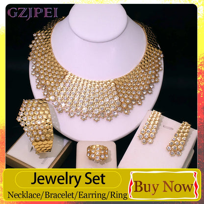 GZJPEI 4 Pcs/set Necklace Bracelet Earring Ring Light Luxury Jewelry Set Shiny White Full Zircon For Women Jewellery Birthday Gift Anniversary Gift