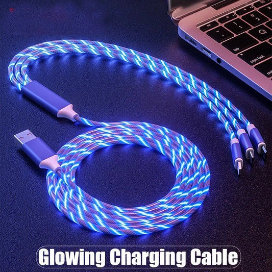 3 in 1 LED Light Glowing Charging Cable 3A Micro USB C Type C Flowing Streamer Type-C Cable for iPhone Xiaomi Huawei