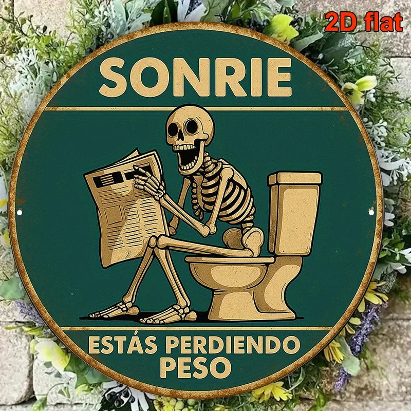1pc, Round Spanish Aluminum Sign, Retro Decorative Plaque About 'Skeleton Reading on The Toilet', Humorous Toilet Decoration