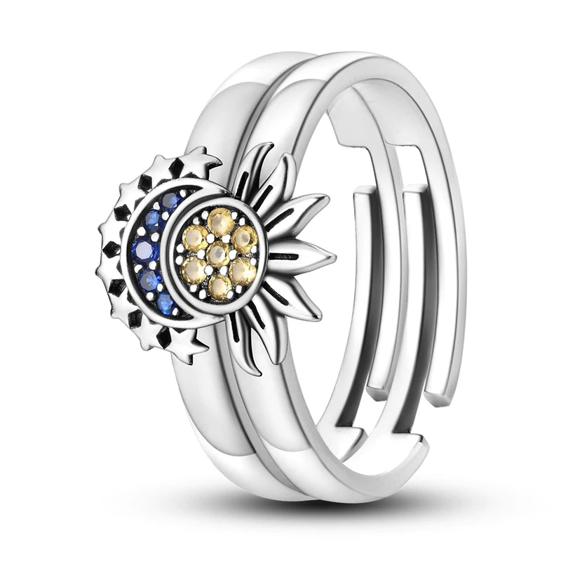 MULA 925 Sterling Silver Rings Retro Sun Moon Stars Adjustable Open Ring For Women Man Wedding Band Party Fashion Jewelry Gift