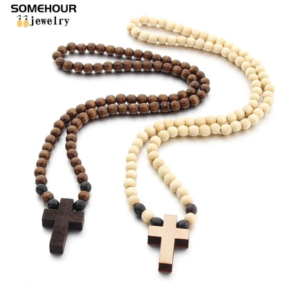 SOMEHOUR Vintage Cross Pendant Necklace Bracelet 45cm Round Wood Beads Chains Rosary Religious Accessories Jewelry For Women Men