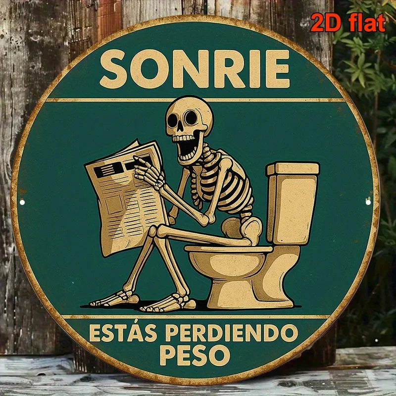 1pc, Round Spanish Aluminum Sign, Retro Decorative Plaque About 'Skeleton Reading on The Toilet', Humorous Toilet Decoration