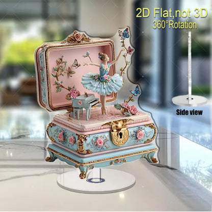 Ballerina Music Box Acrylic Stand 2D Flat 360° Rotation Vintage Ballet Dancer Figure Desk Deco Home Ornament Girls Birthday Gift