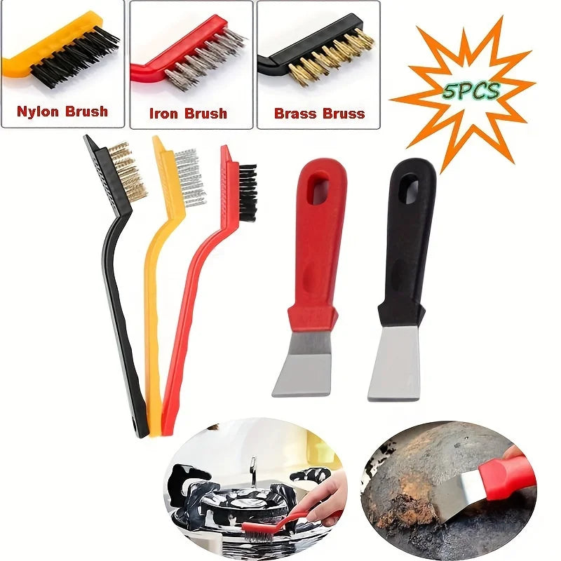 5-Piece Kitchen Cleaning Brush Set with Gas Stove Scraper and Wire Brush for Oil and Dirt Removal on Range Hood and Cooktops
