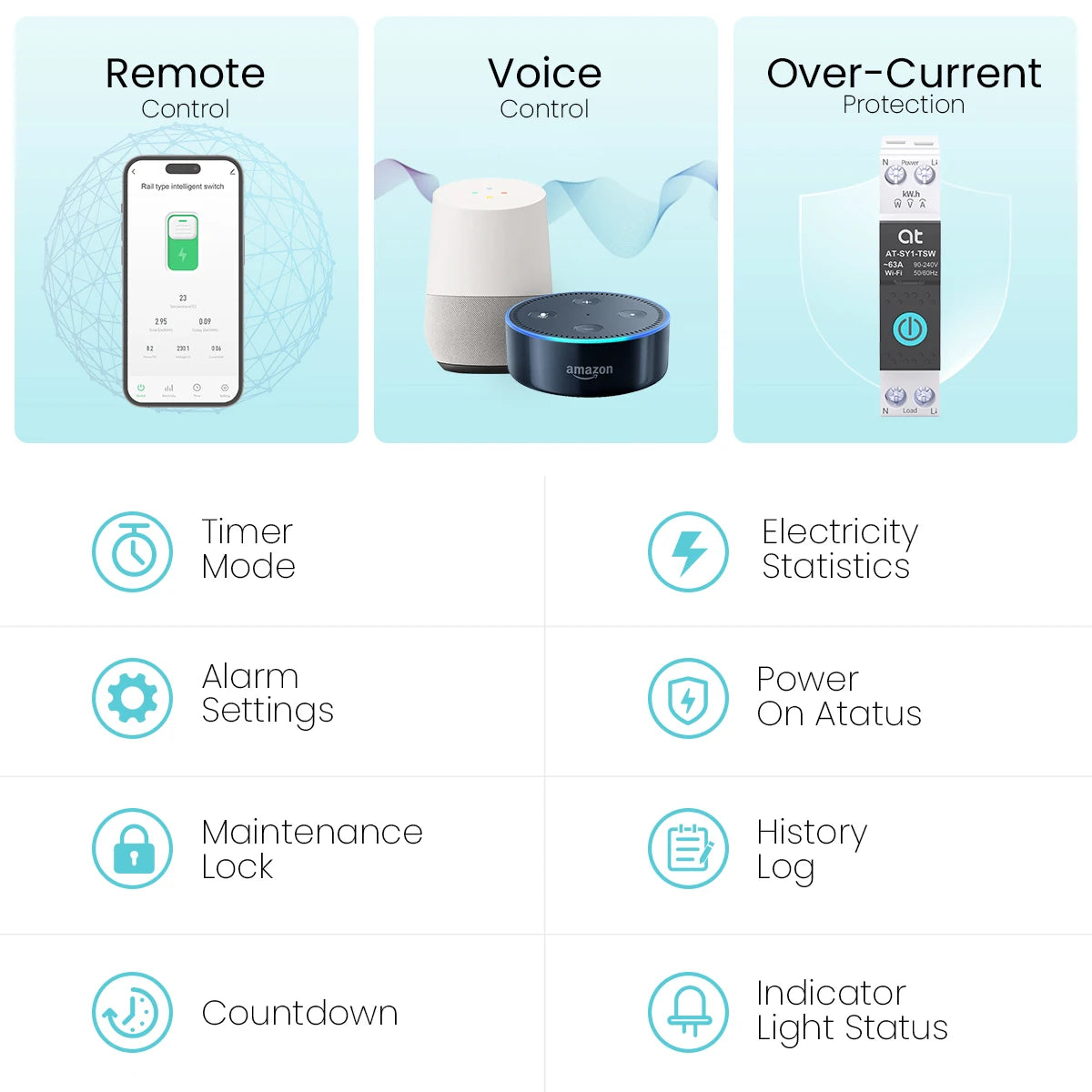 TUYA WIFI Smart Circuit Breaker Power Metering 63A 1P DIN Rail for Smart Home Wireless Remote Control Smart Switch by APP ATELE