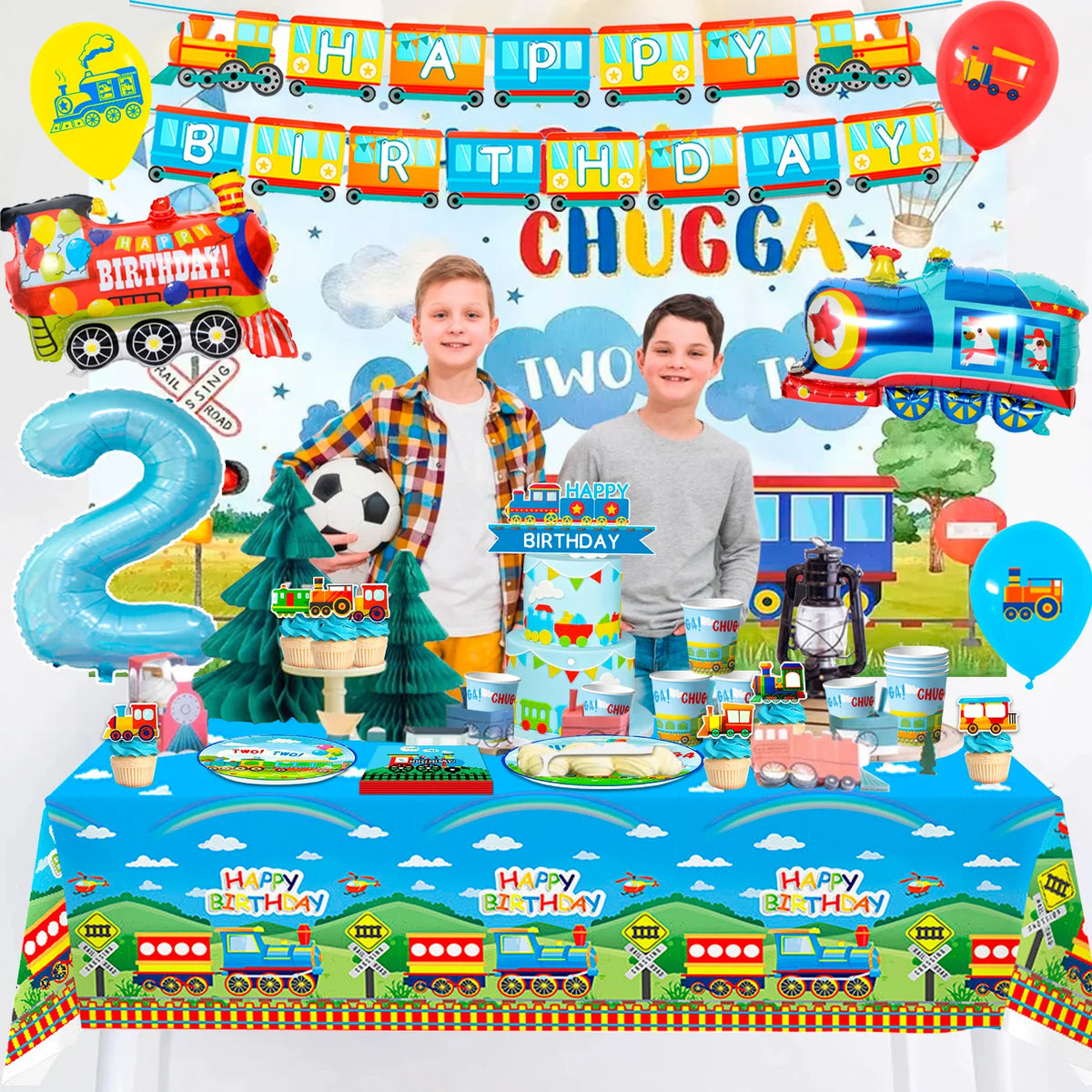 157 Pcs Train Party Decorations&Tableware Set-Plates Tablecloth Banner Balloons etc Chugga Chugga Two Two Birthday Decorations