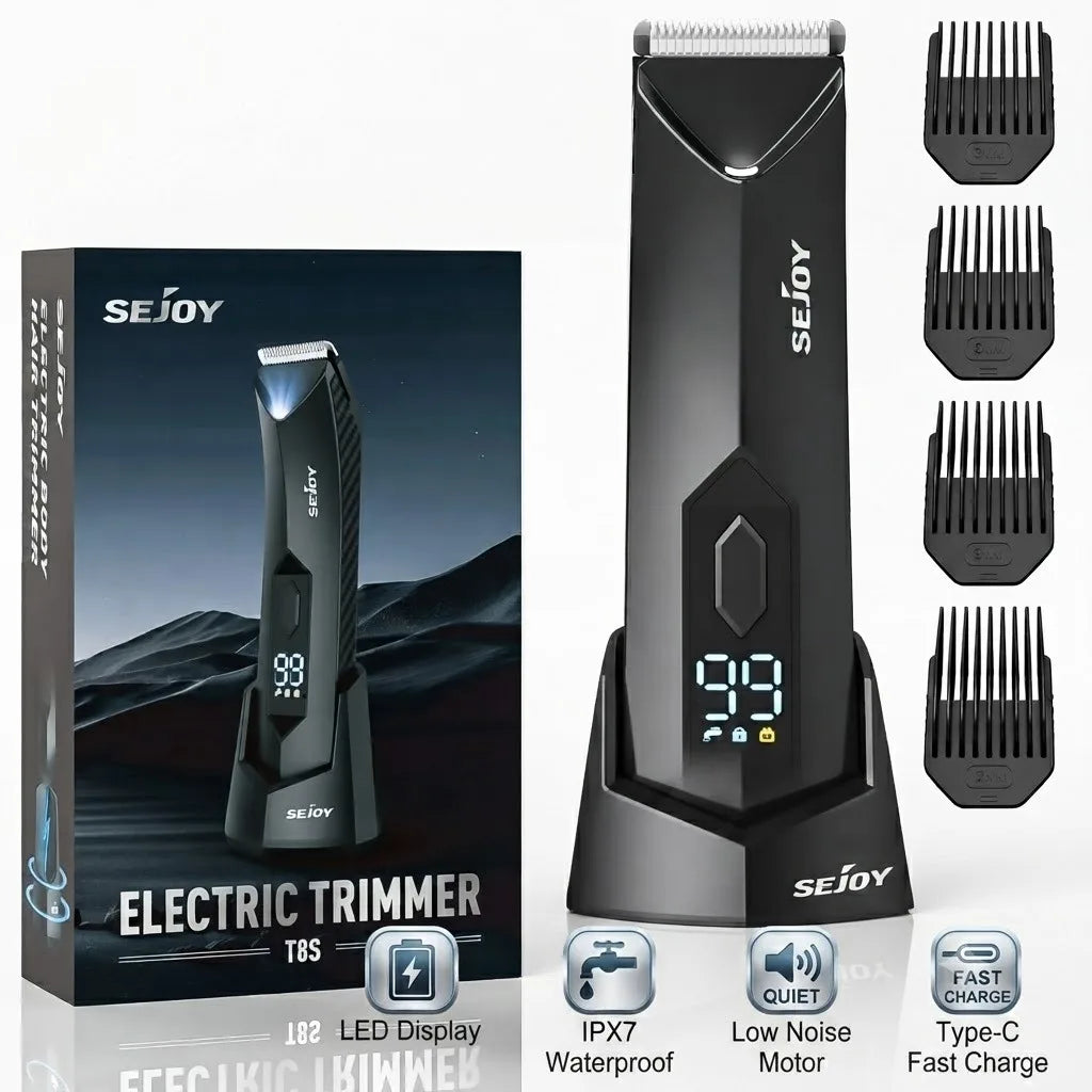 Electric Body Hair Trimmer,Groin Trimmer Ceramic Blade, Waterproof Wet/Dry Groomer, USB Recharge Dock, Men’s Wireless Ball Shaver,LED Display