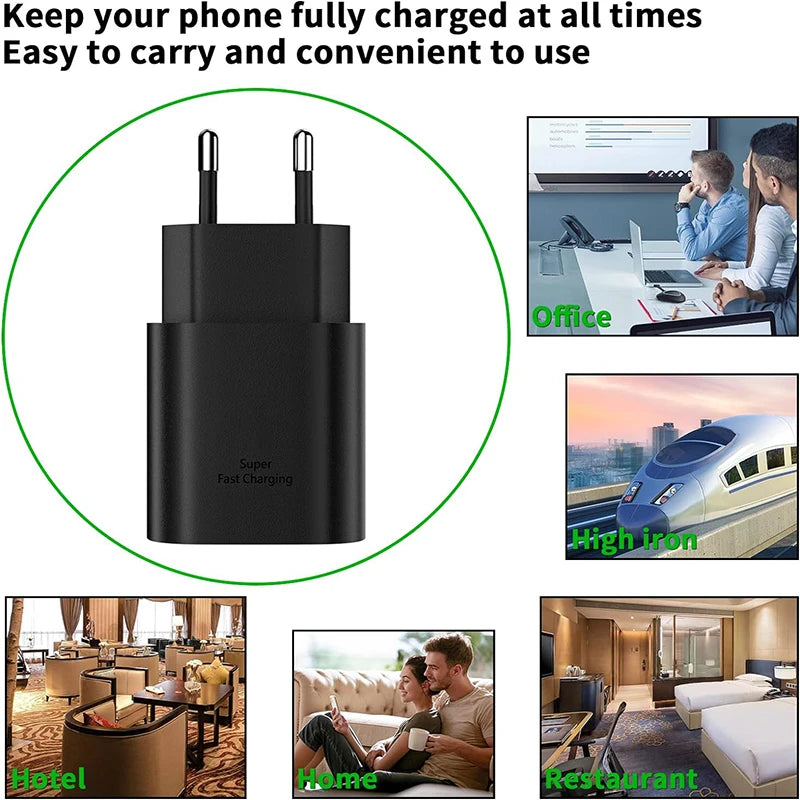 USB C 25W Fast Wall Charger with USB C to Type C Fast Charging Cable For Samsu Galax S25 24 S23 S22 S21 S20 Note 10 IPhone 15 16