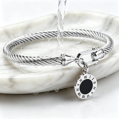 316L Stainless Steel Twisted Cable Bangle Roman Numeral Pendant Round Charm Bracelet Waterproof Hypoallergenic Fade Resistant Women Jewelry