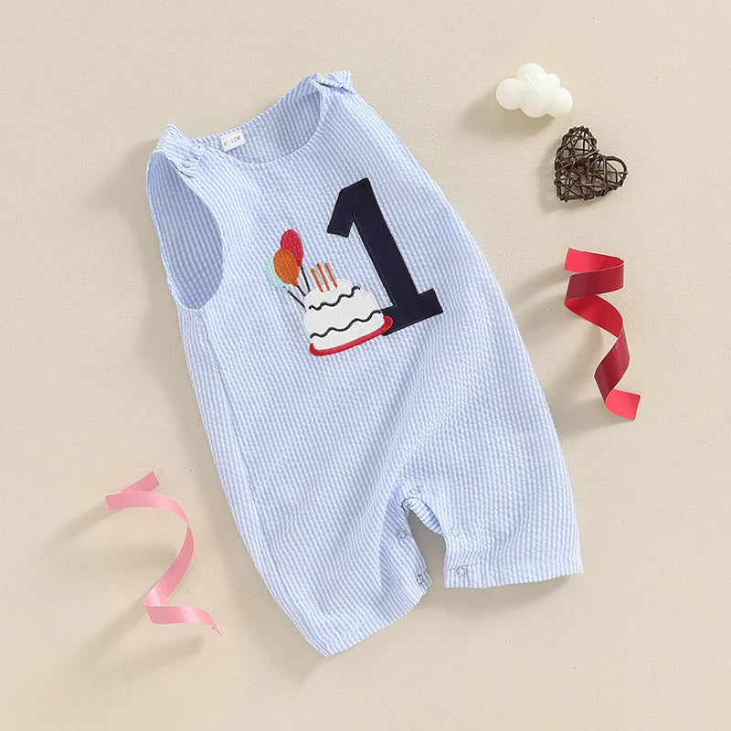 Pudcoco Infant Baby Boy Overalls, Embroidery Cake Striped Jumpsuit Birthday Clothes for Casual Daily 6-18M