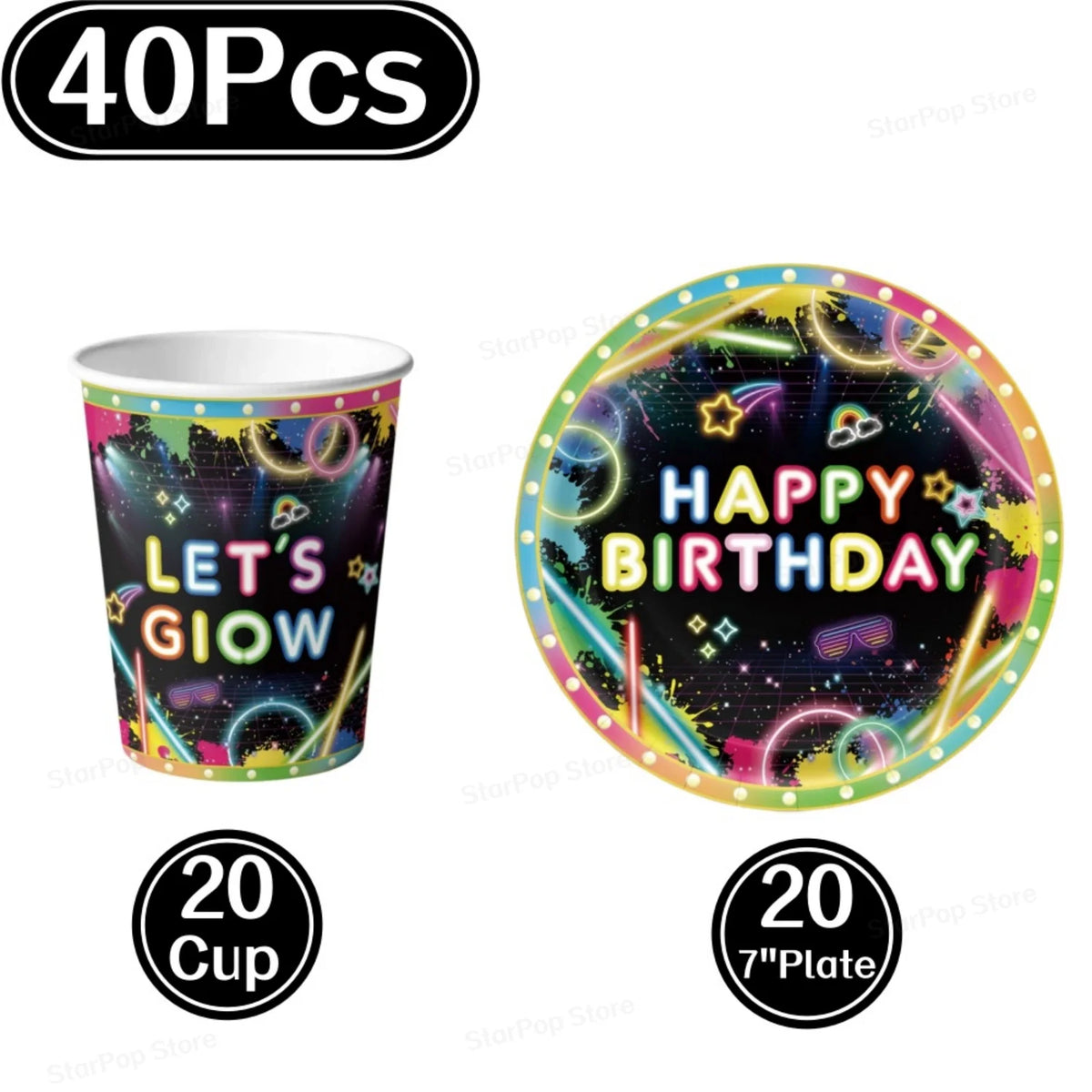 Neon Birthday Party Supplies Disposable Tableware Plates Cups Napkins Tablecloth Kids Blacklight Glow Theme Birthday Decorations