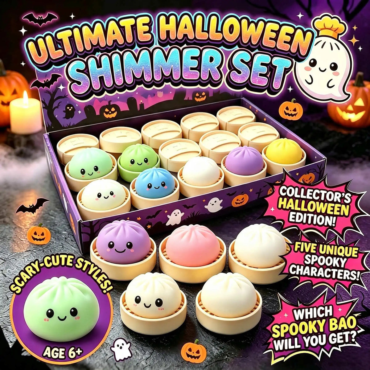 Halloween Bun Set of 18 (6 Buns+6 Steamers+6 Steamer Lids), a portable tabletop travel decompression toy, cute collectibles and trick or treat bag fillers, a great choice for party gifts